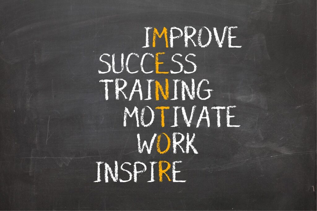 mentor with related words on blackboard